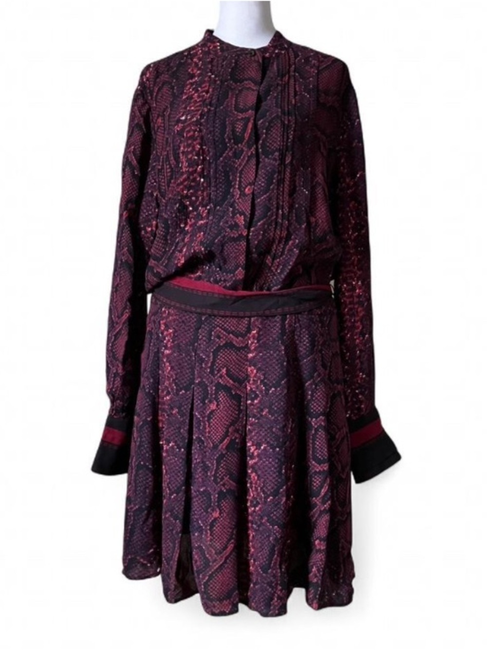 Reiss Aurora Burgundy Snake Print Flippy Belted Knee Length Dress size 10 - Picture 2 of 10